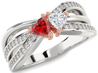 Diamond Emerald Platinum & Rose Gold Two Heart Birthstone Ring