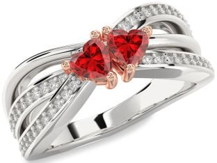 Diamond Emerald Platinum & Rose Gold Two Heart Birthstone Ring