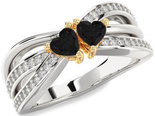 Black Diamond Gold Silver Two Heart Ring