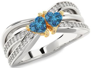 Blue Diamond Gold Silver Two Heart Ring