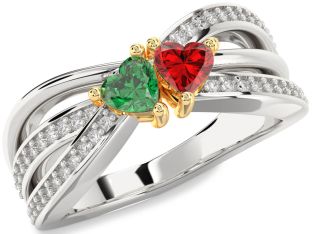 Diamond Emerald Platinum & Yellow Gold Two Heart Birthstone Ring