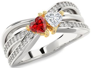 Diamond Emerald Platinum & Yellow Gold Two Heart Birthstone Ring