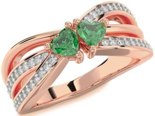 Diamond Emerald Rose Gold Two Heart Birthstone Ring
