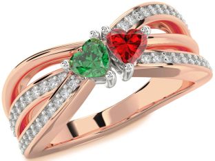 Diamond Emerald Platinum & Rose Gold Two Heart Birthstone Ring