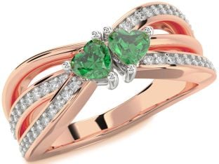 Diamond Emerald Platinum & Rose Gold Two Heart Birthstone Ring