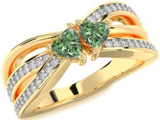 Green Diamond Gold Silver Two Heart Ring