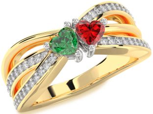 Diamond Emerald Platinum & Yellow Gold Two Heart Birthstone Ring