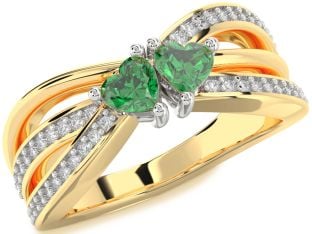 Diamond Emerald Platinum & Yellow Gold Two Heart Birthstone Ring