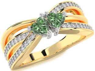 Green Diamond Gold Silver Two Heart Ring