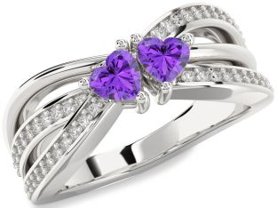 Diamond Emerald Silver Two Heart Birthstone Ring