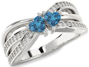 Blue Diamond Silver Two Heart Ring