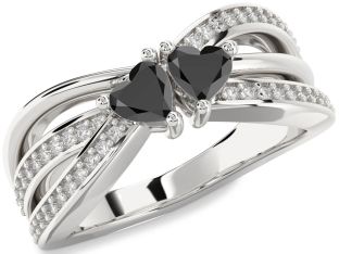 Diamond Black Onyx Silver Two Heart Ring