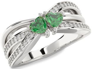 Diamond Emerald Silver Two Heart Birthstone Ring
