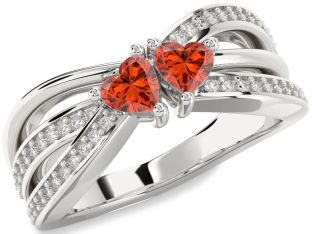 Diamond Emerald Silver Two Heart Birthstone Ring