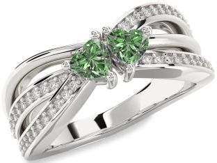 Green Diamond Silver Two Heart Ring
