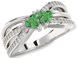 Diamond Green Sapphire Silver Two Heart Ring