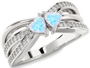 Diamond Emerald Silver Two Heart Birthstone Ring