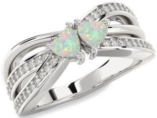 Diamond Emerald Silver Two Heart Birthstone Ring