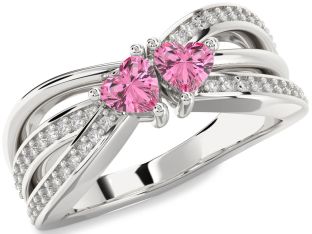 Diamond Pink Sapphire Silver Two Heart Ring