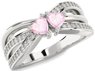 Diamond Rose Quartz Silver Two Heart Ring