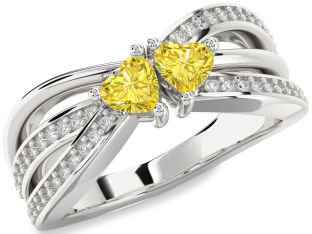 Yellow Diamond Silver Two Heart Ring