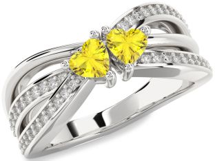 Diamond Yellow Sapphire Silver Two Heart Ring