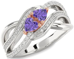 Diamond Emerald Platinum & Rose Gold Two Heart Birthstone Ring