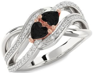 Diamond Emerald Platinum & Rose Gold Two Heart Birthstone Ring