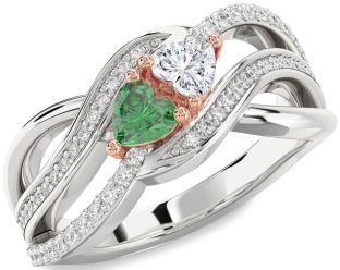 Diamond Emerald Platinum & Rose Gold Two Heart Birthstone Ring