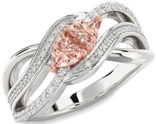 Diamond Emerald Platinum & Rose Gold Two Heart Birthstone Ring