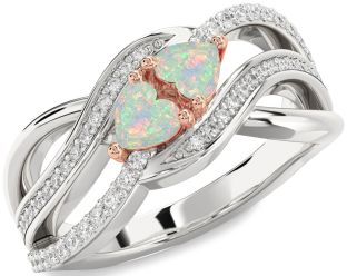 Diamond Emerald Platinum & Rose Gold Two Heart Birthstone Ring
