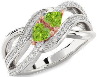 Diamond Emerald Platinum & Rose Gold Two Heart Birthstone Ring