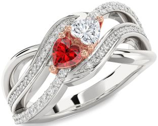 Diamond Emerald Platinum & Rose Gold Two Heart Birthstone Ring