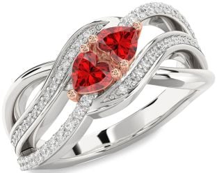 Diamond Emerald Platinum & Rose Gold Two Heart Birthstone Ring