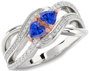 Diamond Emerald Platinum & Rose Gold Two Heart Birthstone Ring