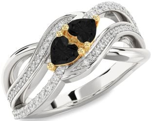 Diamond Emerald Platinum & Yellow Gold Two Heart Birthstone Ring