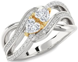 Diamond White Yellow Gold Two Heart Ring