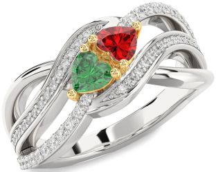 Diamond Emerald Platinum & Yellow Gold Two Heart Birthstone Ring