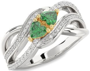 Diamond Emerald Platinum & Yellow Gold Two Heart Birthstone Ring