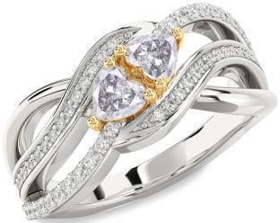 Salt & Pepper Diamond Gold Silver Two Heart Ring