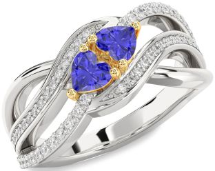 Diamond Emerald Platinum & Yellow Gold Two Heart Birthstone Ring