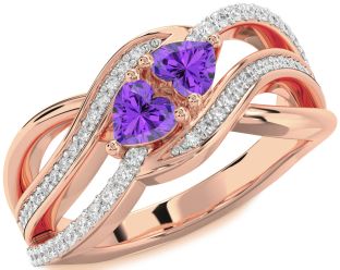 Diamond Emerald Rose Gold Two Heart Birthstone Ring