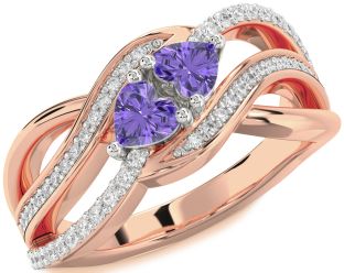 Diamond Emerald Platinum & Rose Gold Two Heart Birthstone Ring