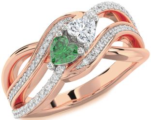 Diamond Emerald Platinum & Rose Gold Two Heart Birthstone Ring