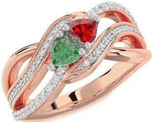 Diamond Emerald Platinum & Rose Gold Two Heart Birthstone Ring