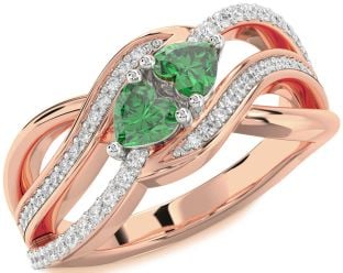 Diamond Emerald Platinum & Rose Gold Two Heart Birthstone Ring