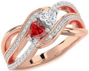 Diamond Emerald Platinum & Rose Gold Two Heart Birthstone Ring