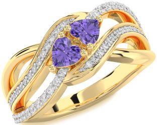 Diamond Emerald Gold Two Heart Birthstone Ring