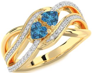 Blue Diamond Gold Silver Two Heart Ring