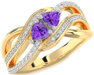 Diamond Emerald Platinum & Yellow Gold Two Heart Birthstone Ring